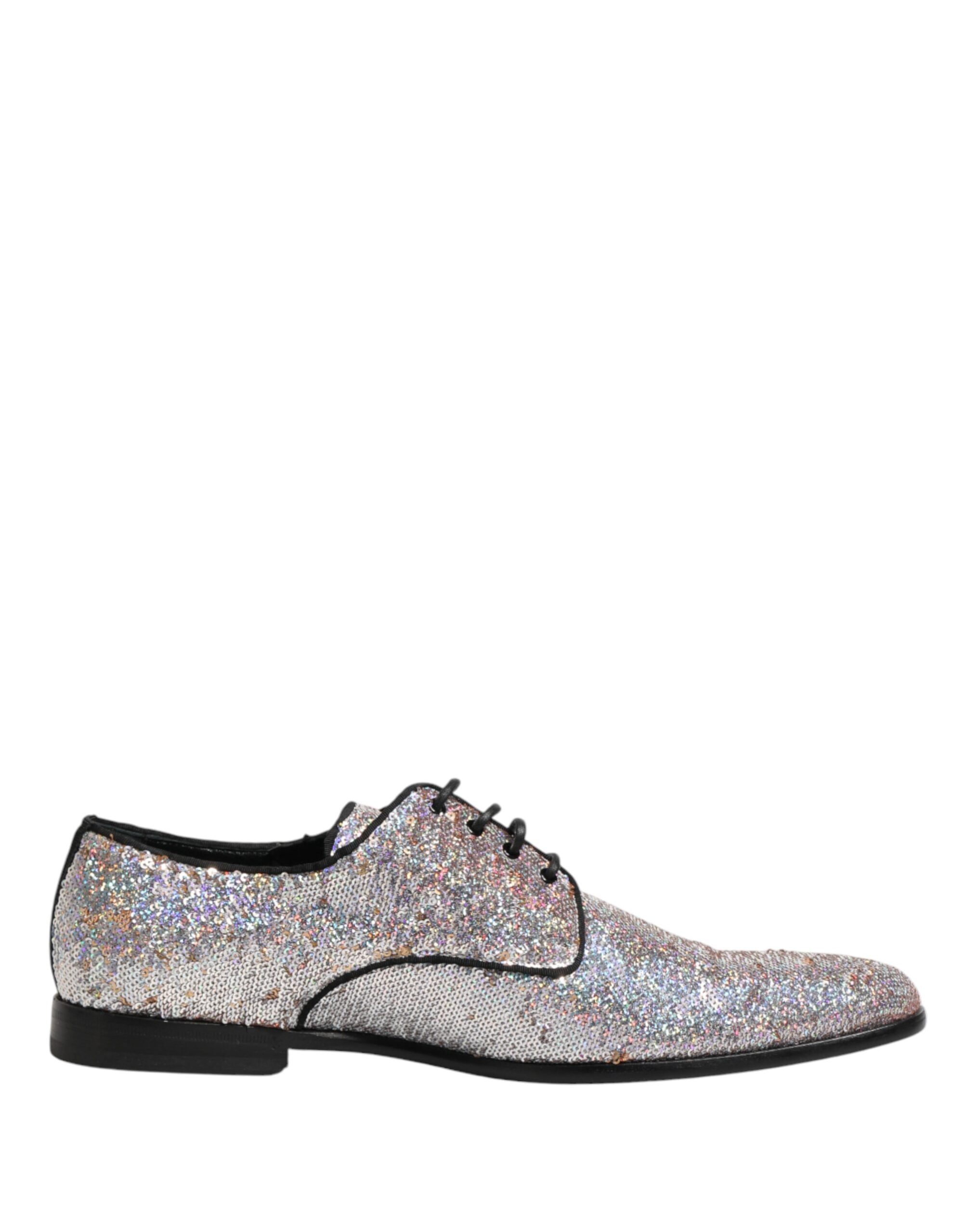 Dolce & Gabbana Silver Sequined Lace Up Men Derby Dress Shoes