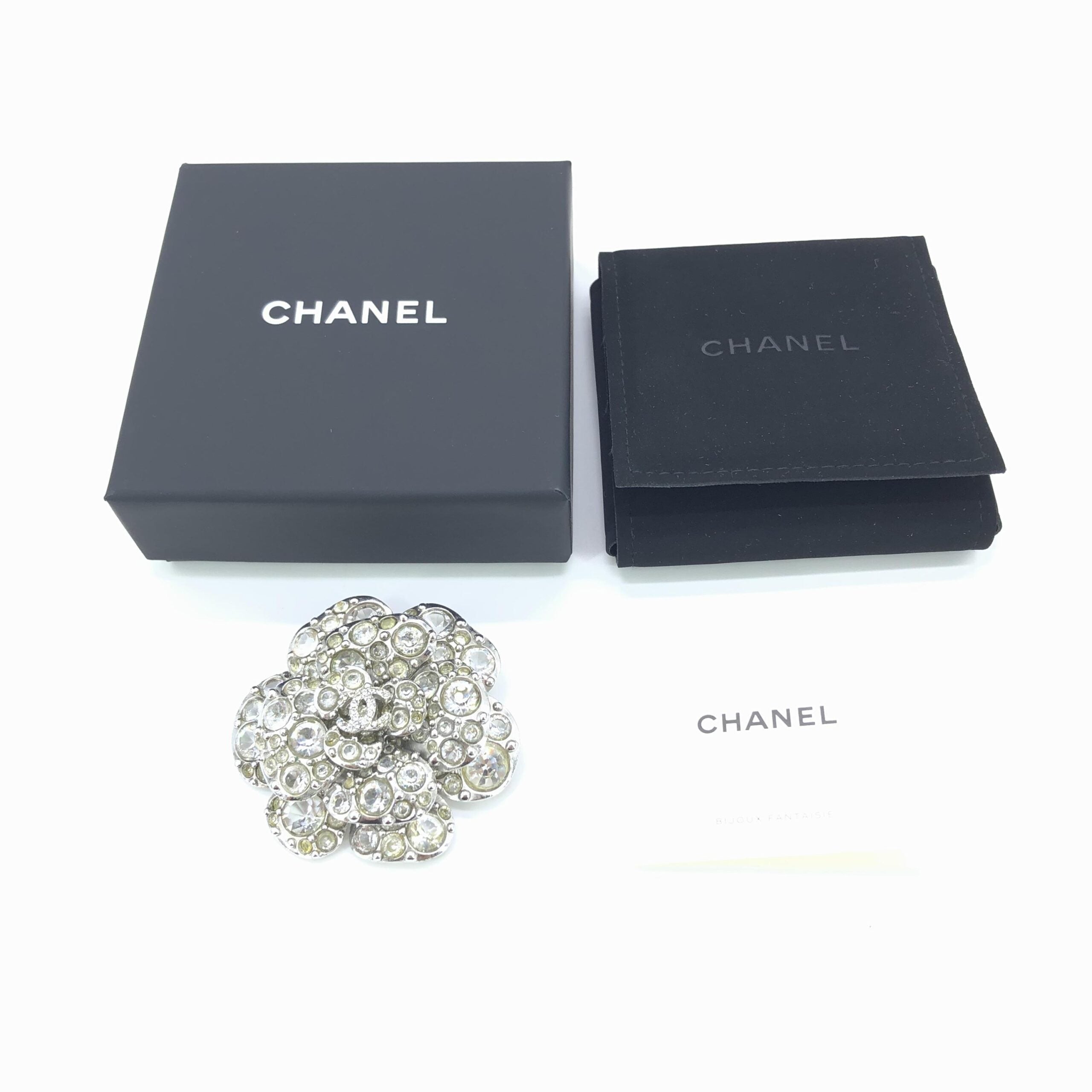 Chanel Silver Crystal Camellia Flower Brooch