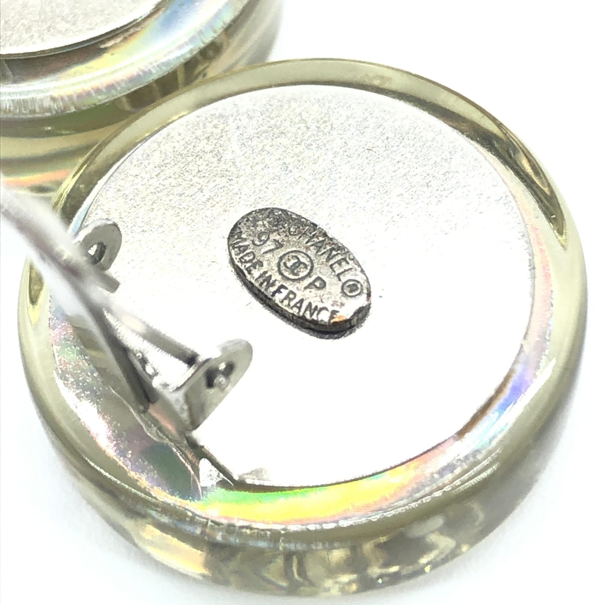 Chanel Vintage Holographic Logo Clip-On Earrings