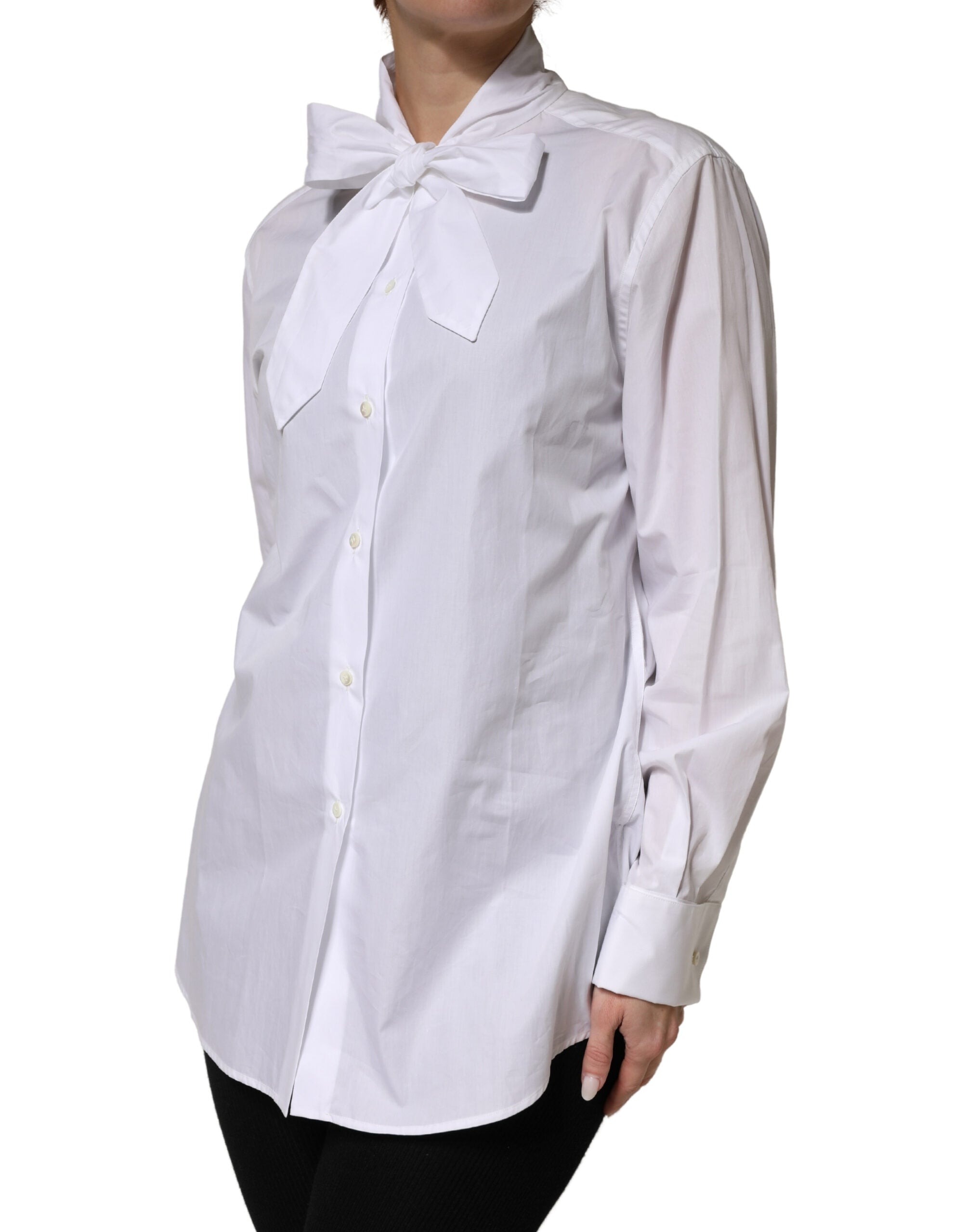 Dolce & Gabbana White Cotton Bow Tie Long Sleeves Blouse Top