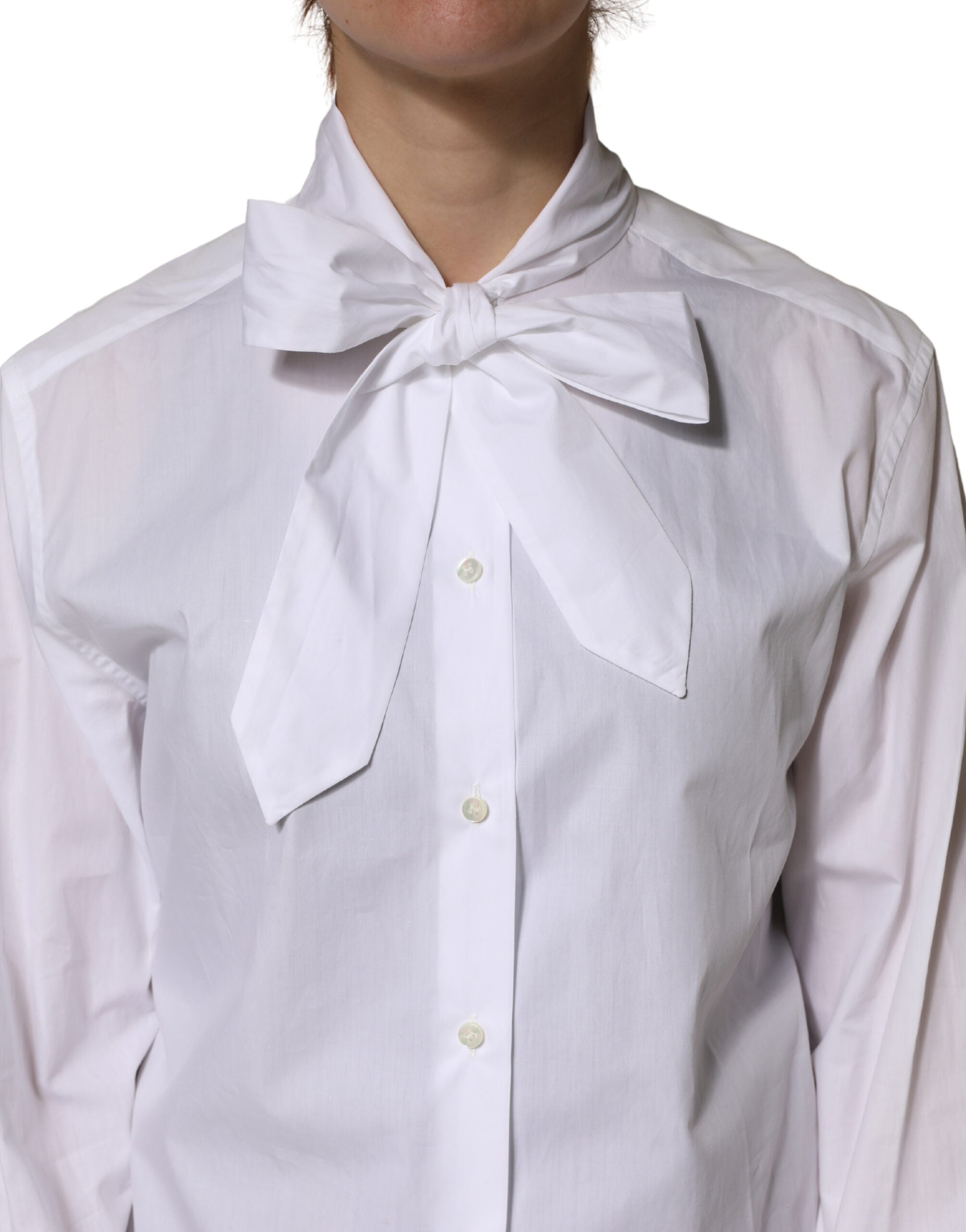 Dolce & Gabbana White Cotton Bow Tie Long Sleeves Blouse Top