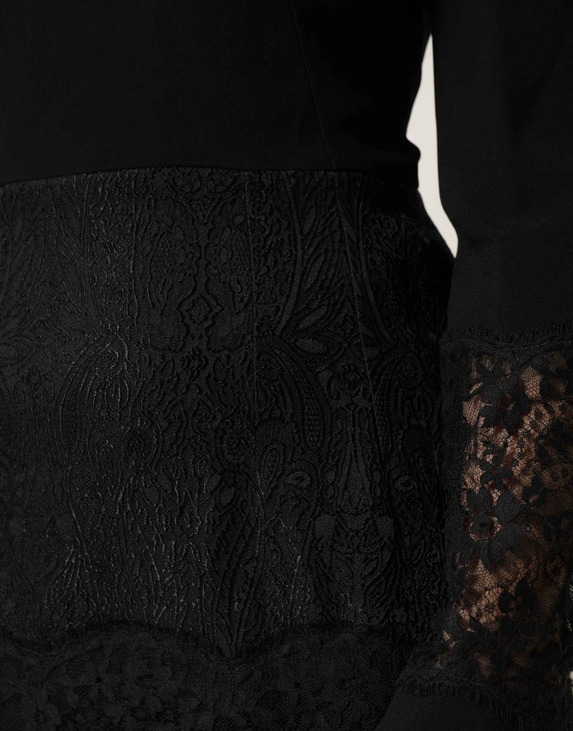 Dolce & Gabbana Black Lace Sheer Panel Midi Long Sleeve  Dress