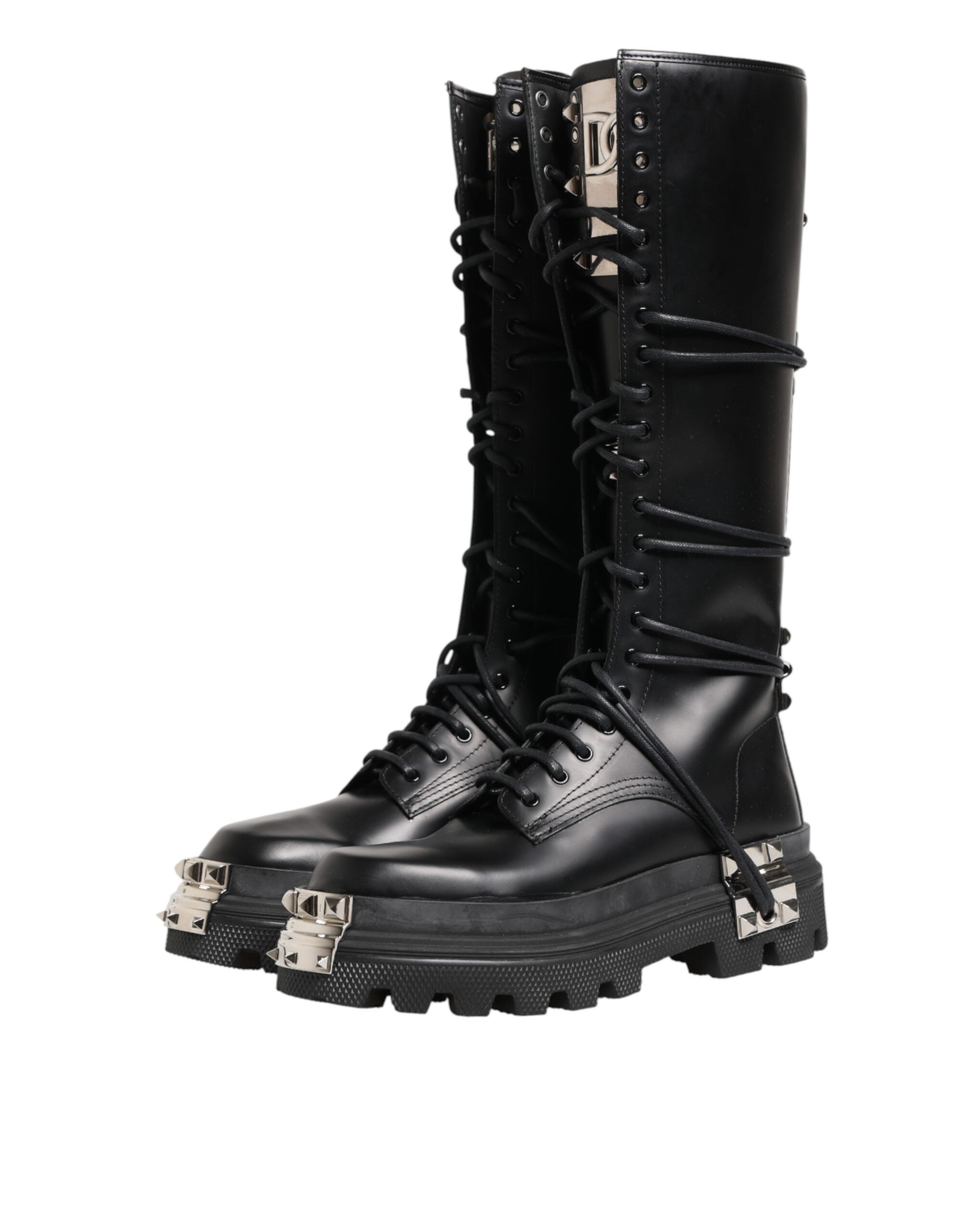 Dolce & Gabbana Black Leather Knee High Combat Boots Shoes