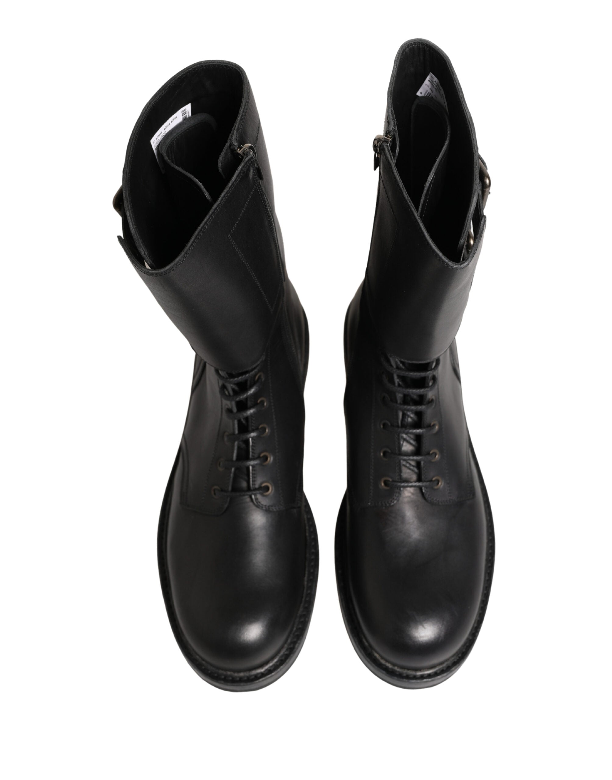Dolce & Gabbana Black Leather Belted Buckle Combat Boots Shoes