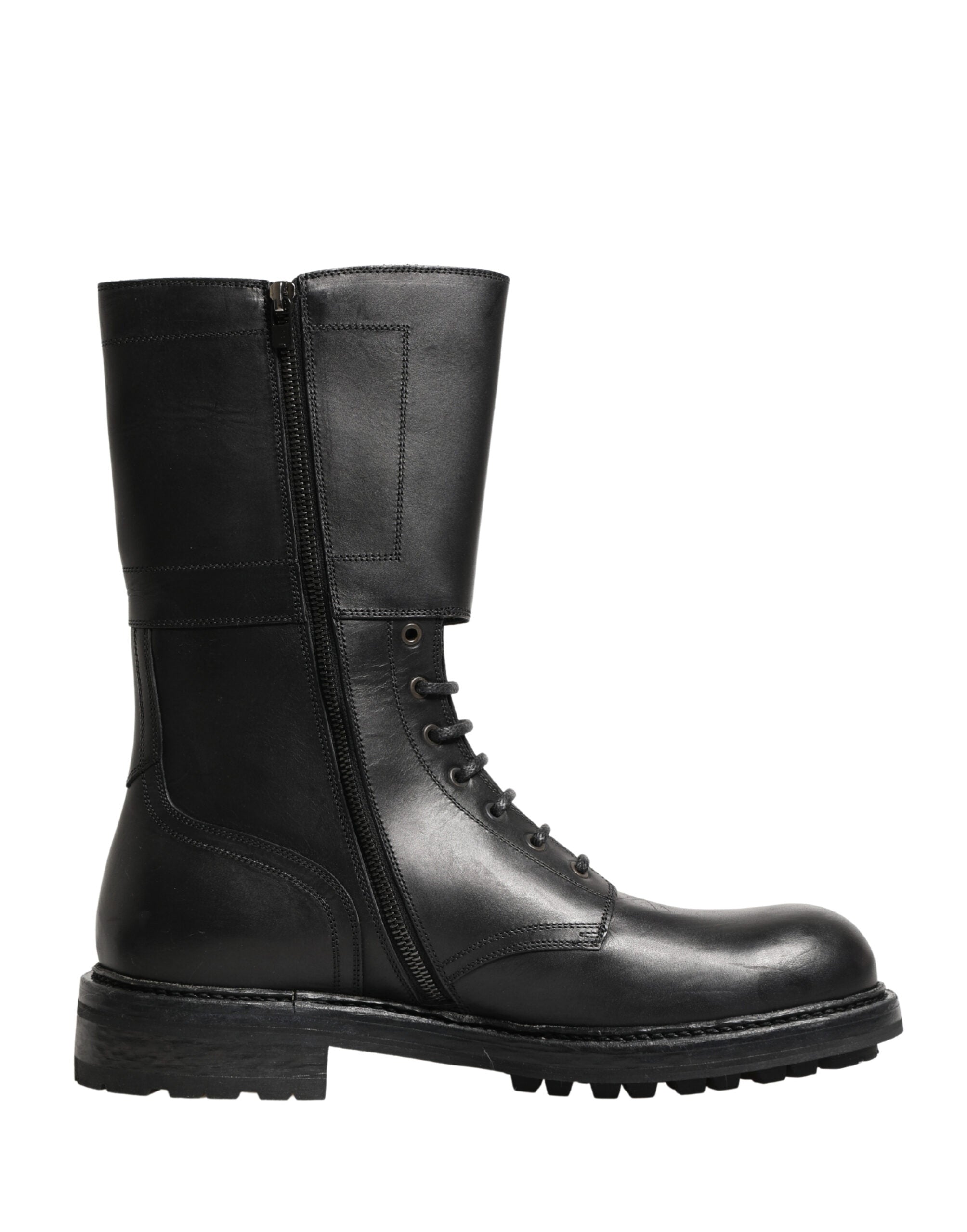 Dolce & Gabbana Black Leather Belted Buckle Combat Boots Shoes