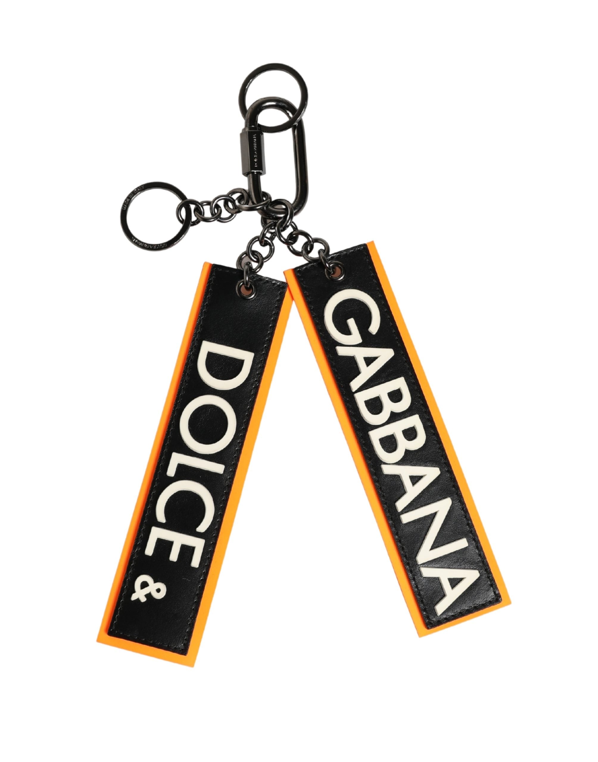Dolce & Gabbana Black White Leather Nylon Logo Ring Keyring Keychain