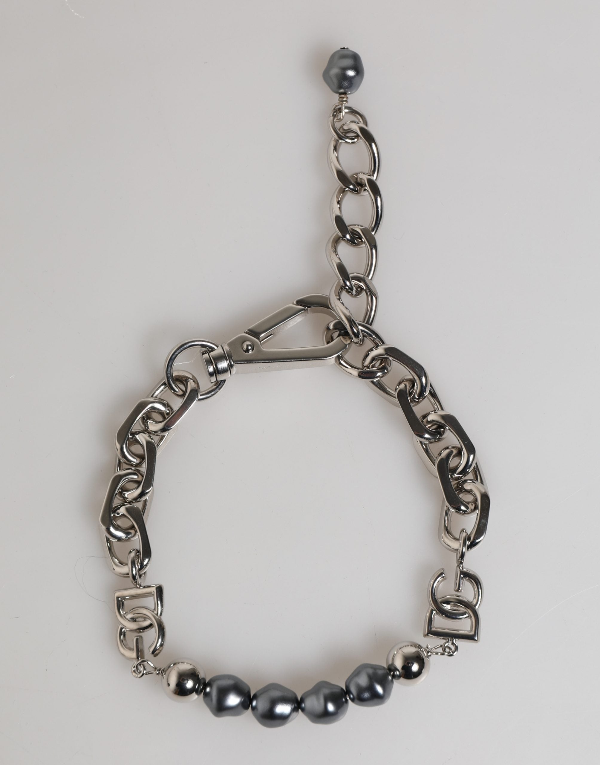 Dolce & Gabbana Silver Tone Chain Lobster Clasp Logo Gray Pearls Bracelet