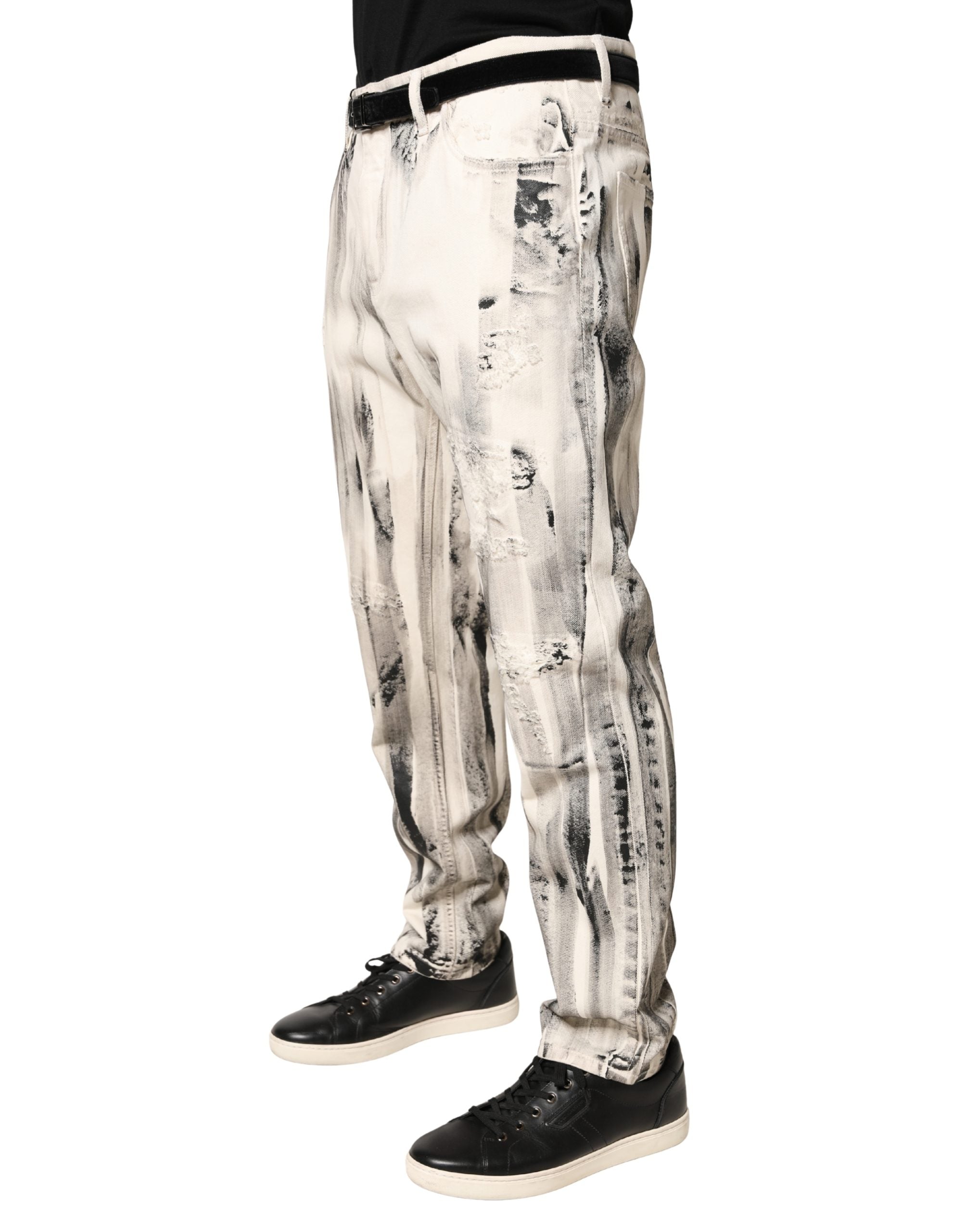 Dolce & Gabbana White Distressed Paint Print LooseDenim Jeans