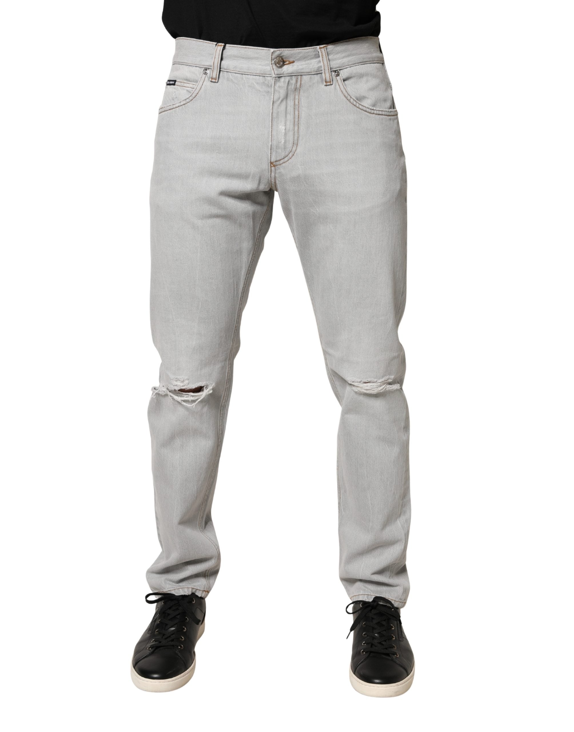 Dolce & Gabbana Light Gray Ripped Cotton Regular Denim Jeans