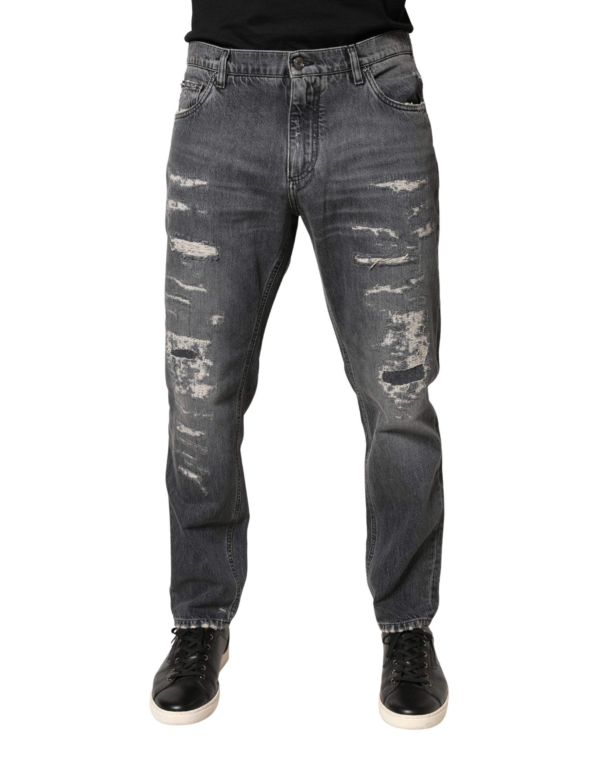 Dolce & Gabbana Dark Gray Tattered Cotton Loose Denim Jeans