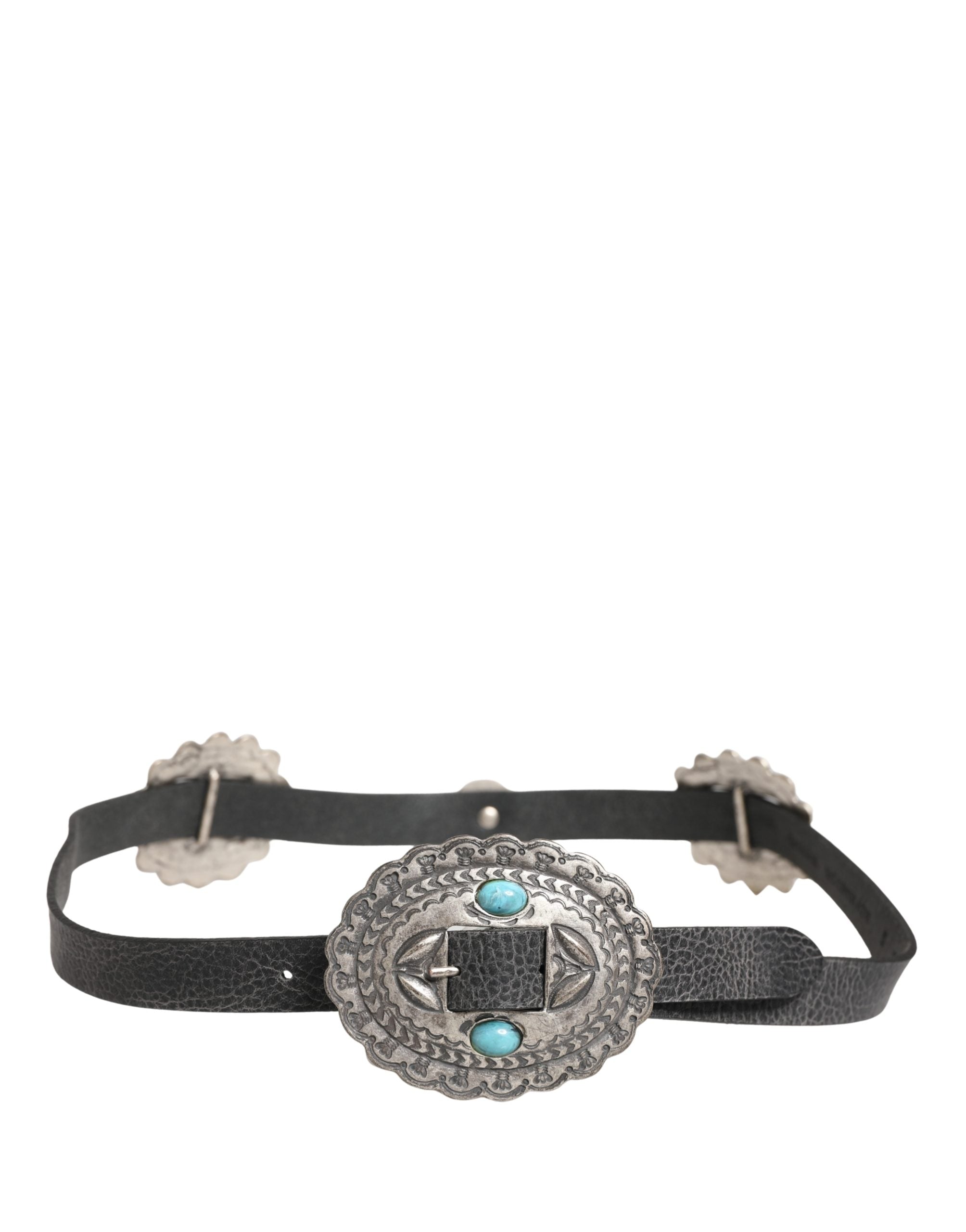 Cavalli Class Black Turquoise Leather Embellished Oval Buckle Belt