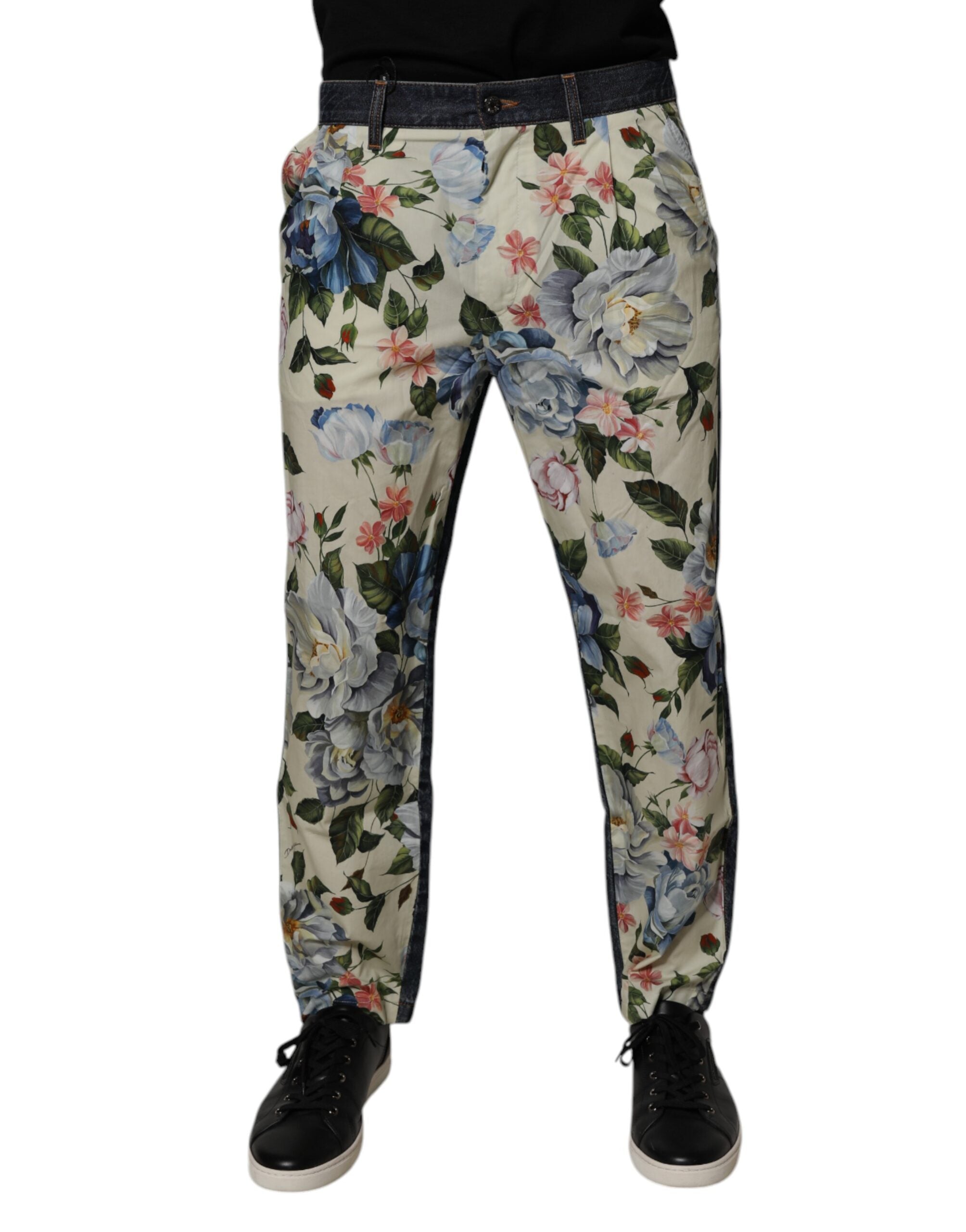 Dolce & Gabbana Beige Blue Floral Cotton Men Denim Jeans