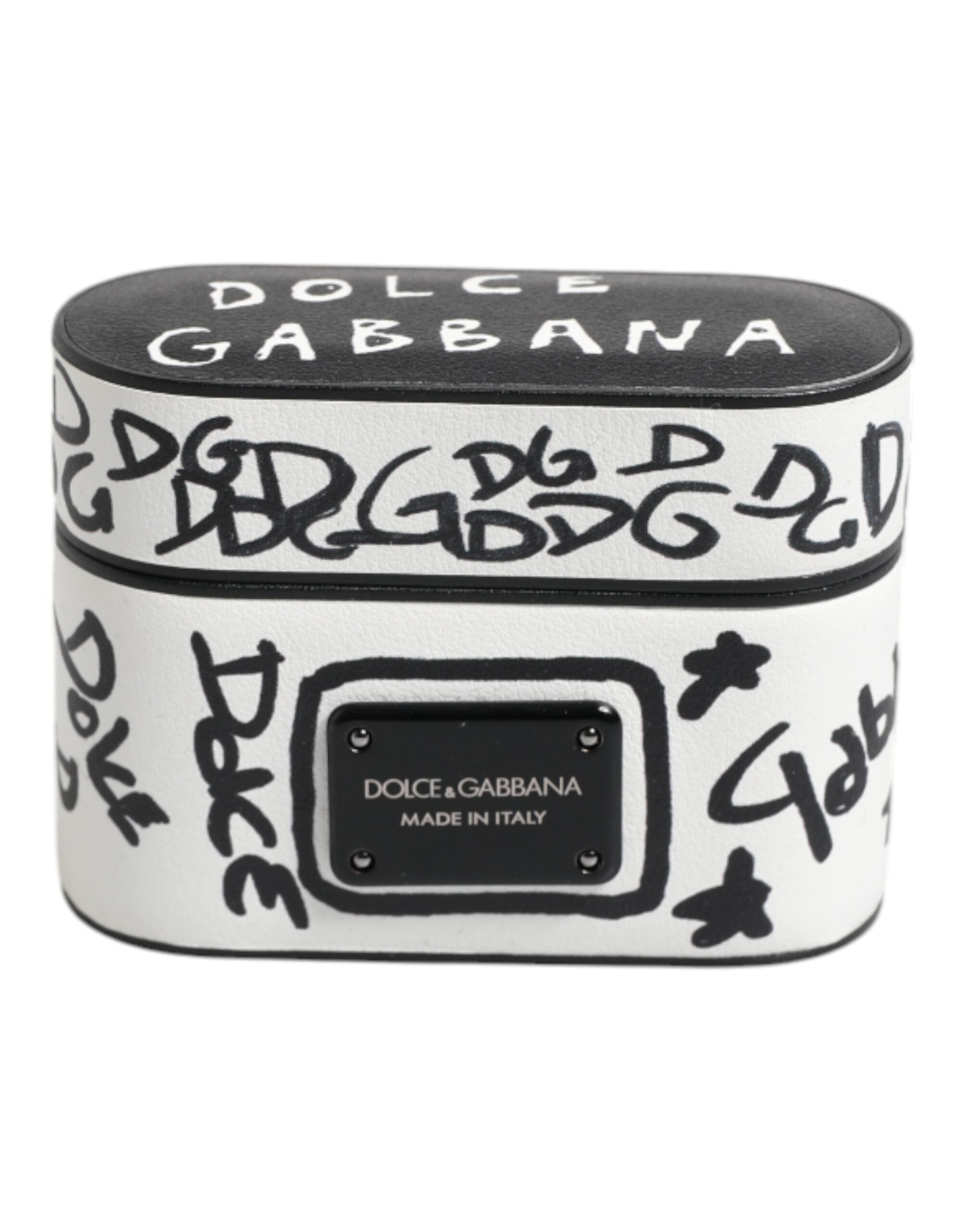 Dolce & Gabbana Black White Leather Scribble Embossed Logo Airpods Case