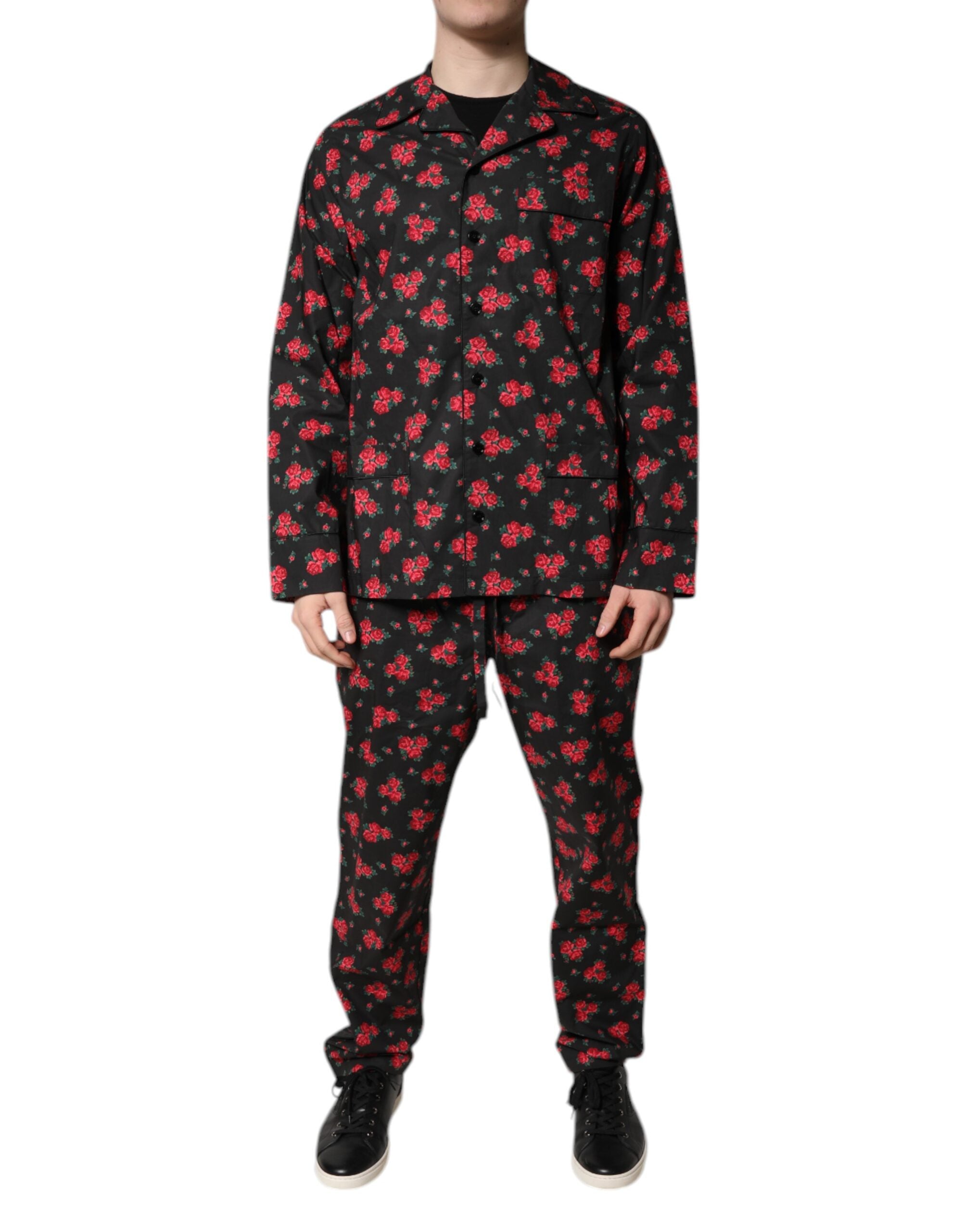 Dolce & Gabbana Black Floral Print Cotton Men Pajama Set Sleepwear