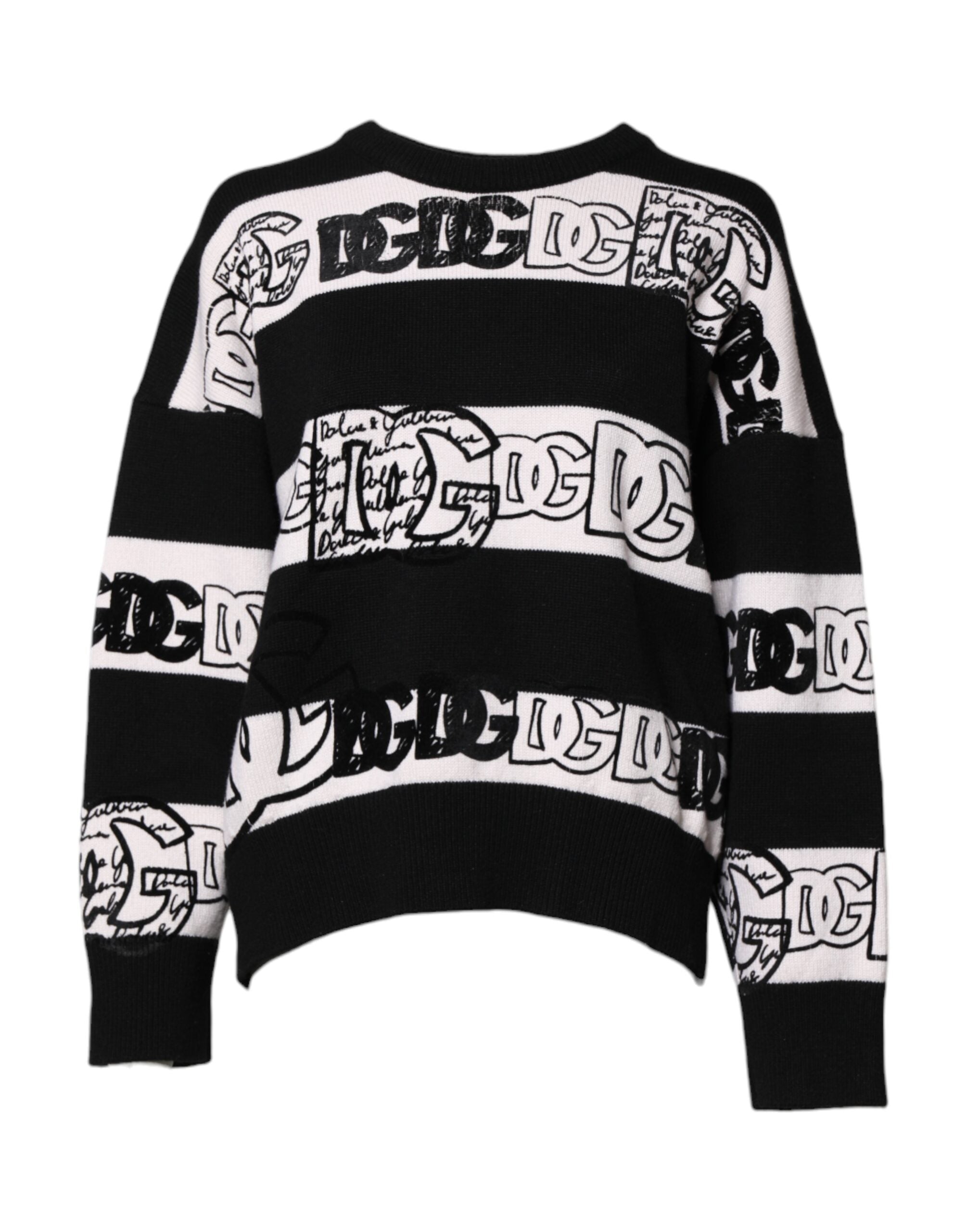 Dolce & Gabbana Black White Logo Print Wool Pullover Sweater