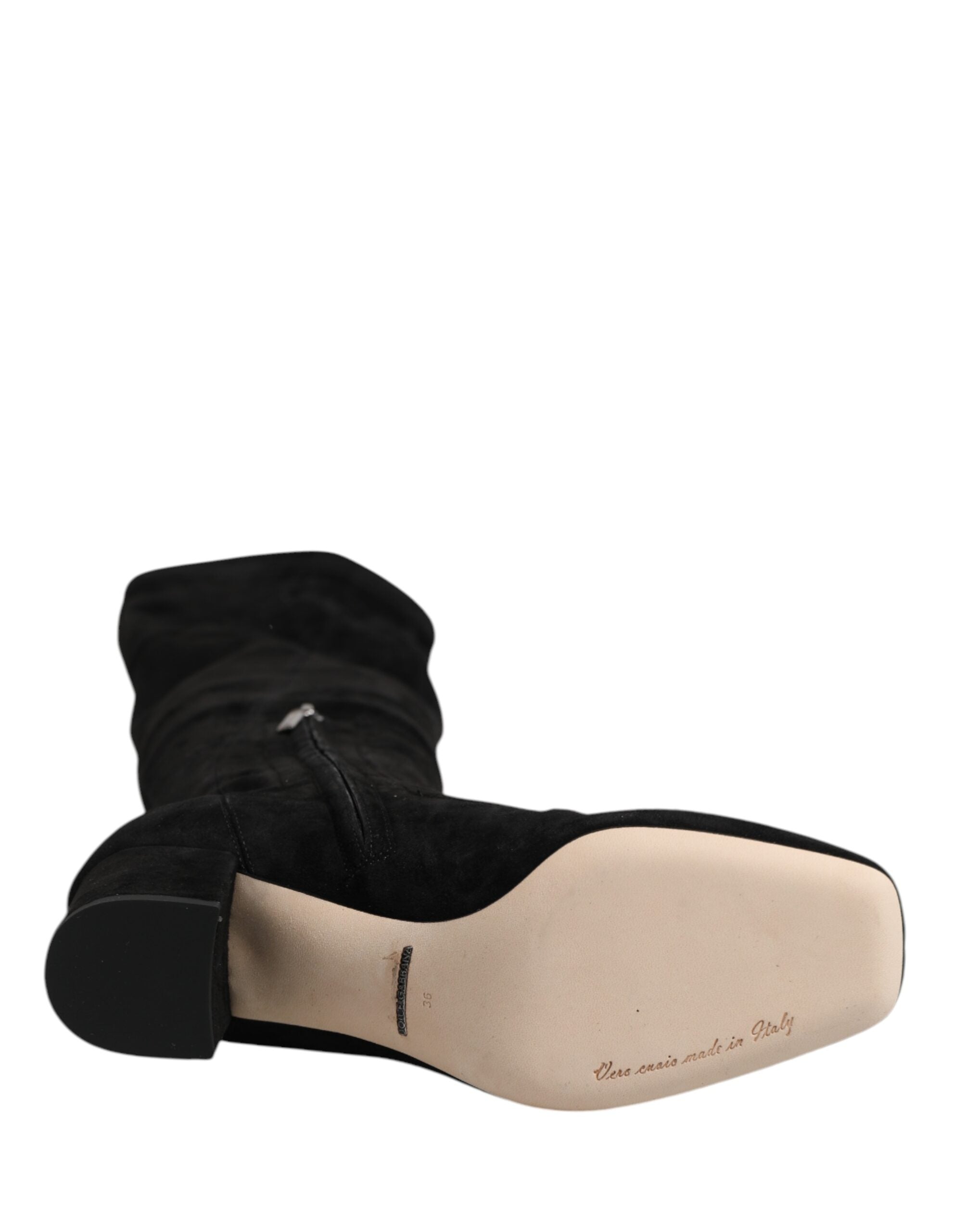 Dolce & Gabbana Black Suede Leather Knee High Boots Shoes