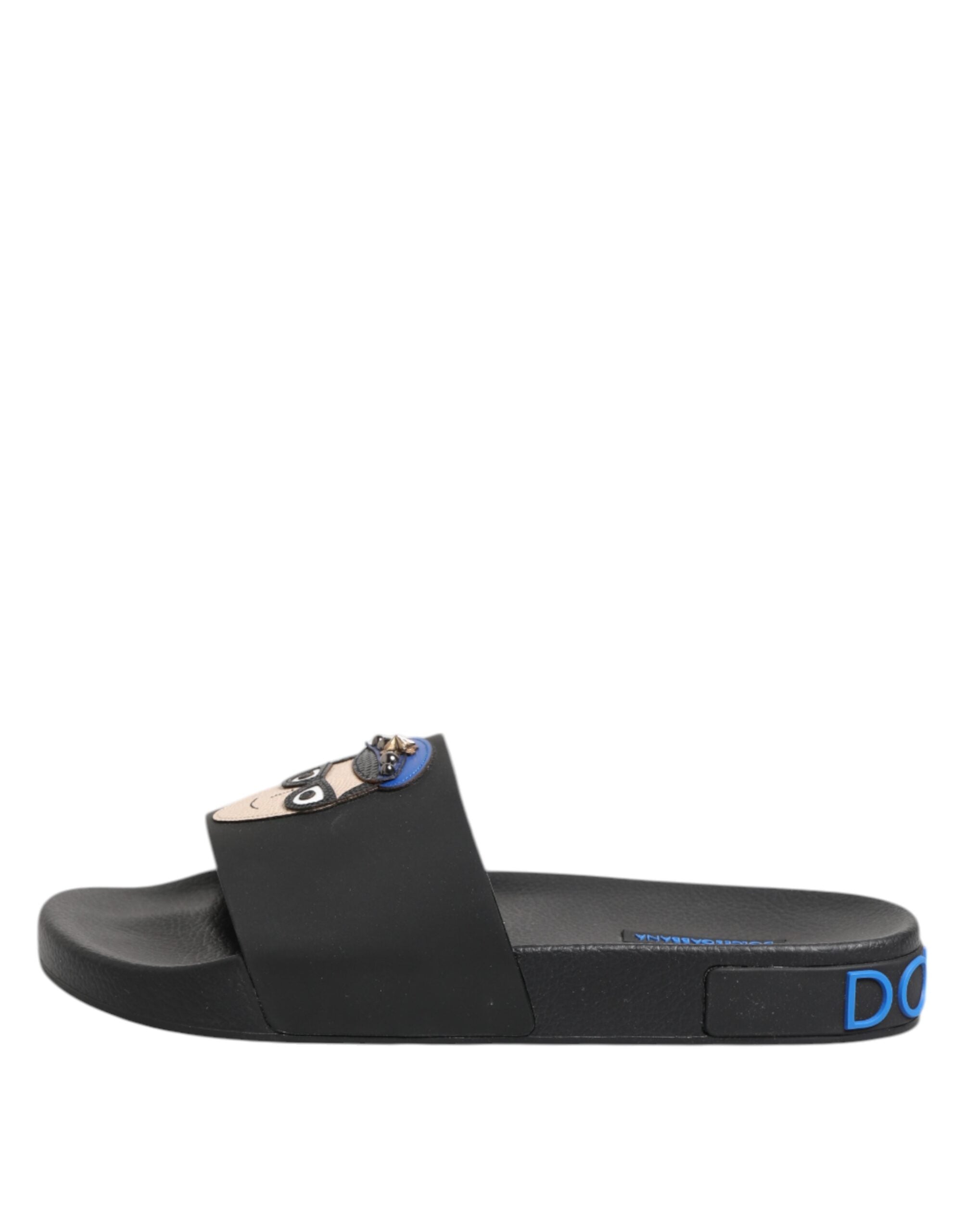 Dolce & Gabbana Black Leather Slides Flats Beachwear Shoes