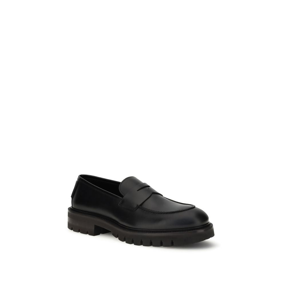 Ferragamo Black Calf Leather Bos Taurus Slip-On Loafers