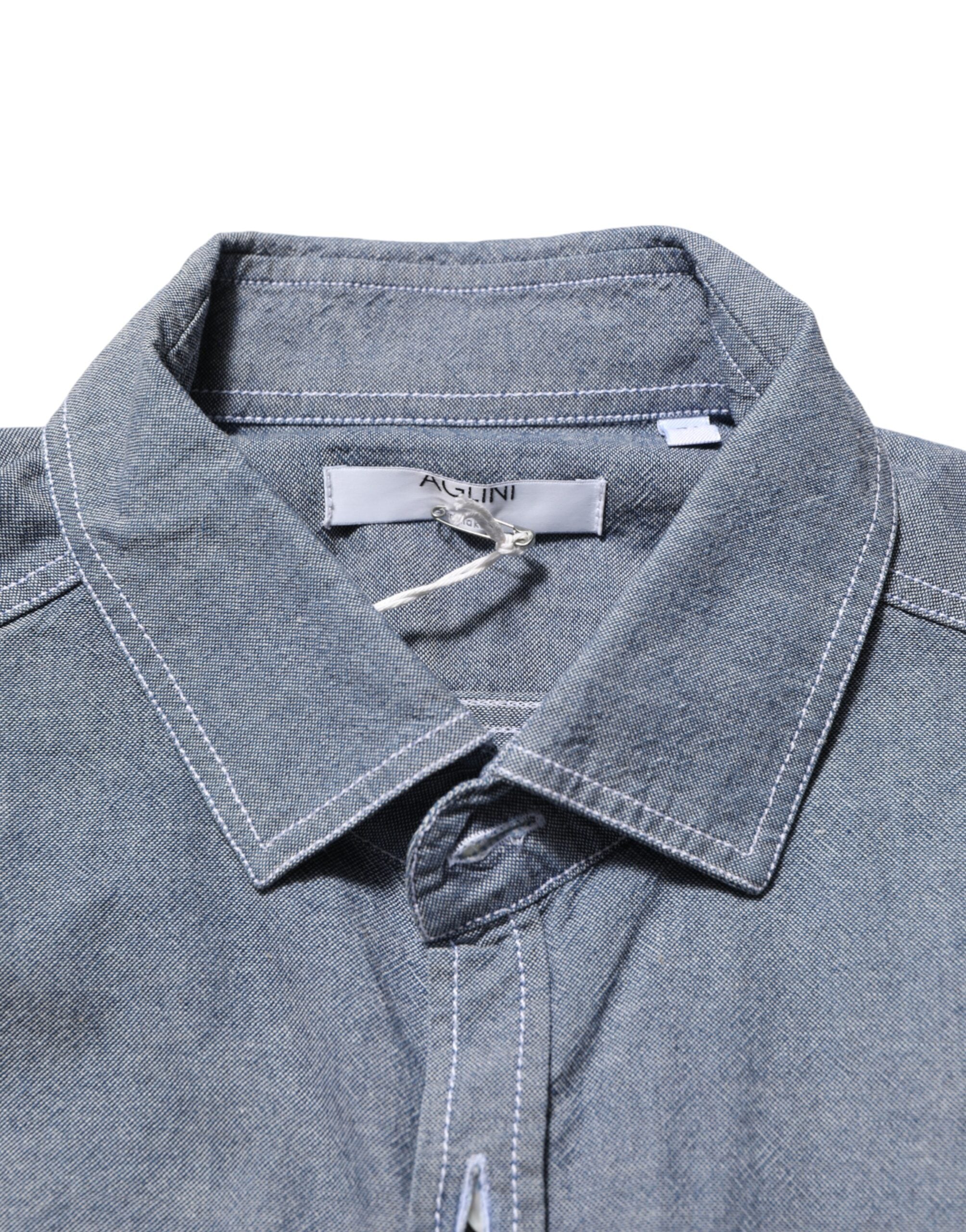AGLINI Blue Denim Regular Fit Collared Long Sleeve Casual Shirt