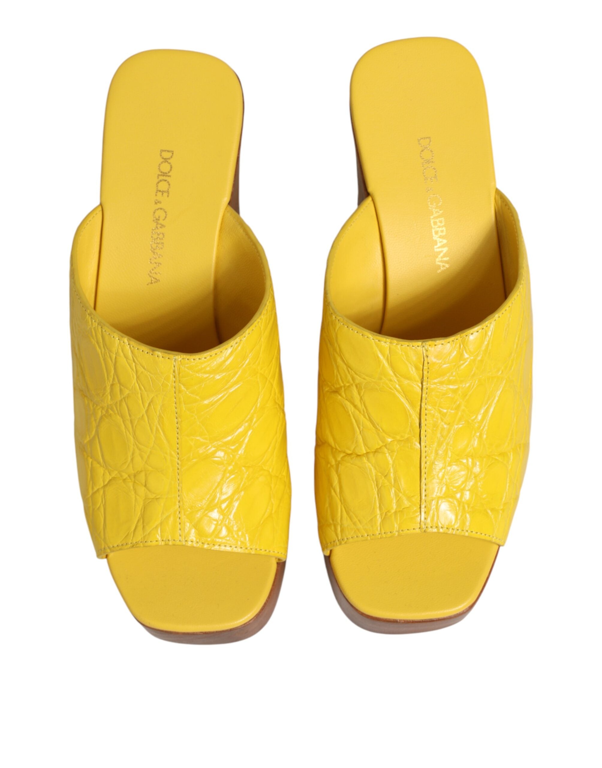 Dolce & Gabbana Yellow Leather Wood Mule Wedge Slides Shoes