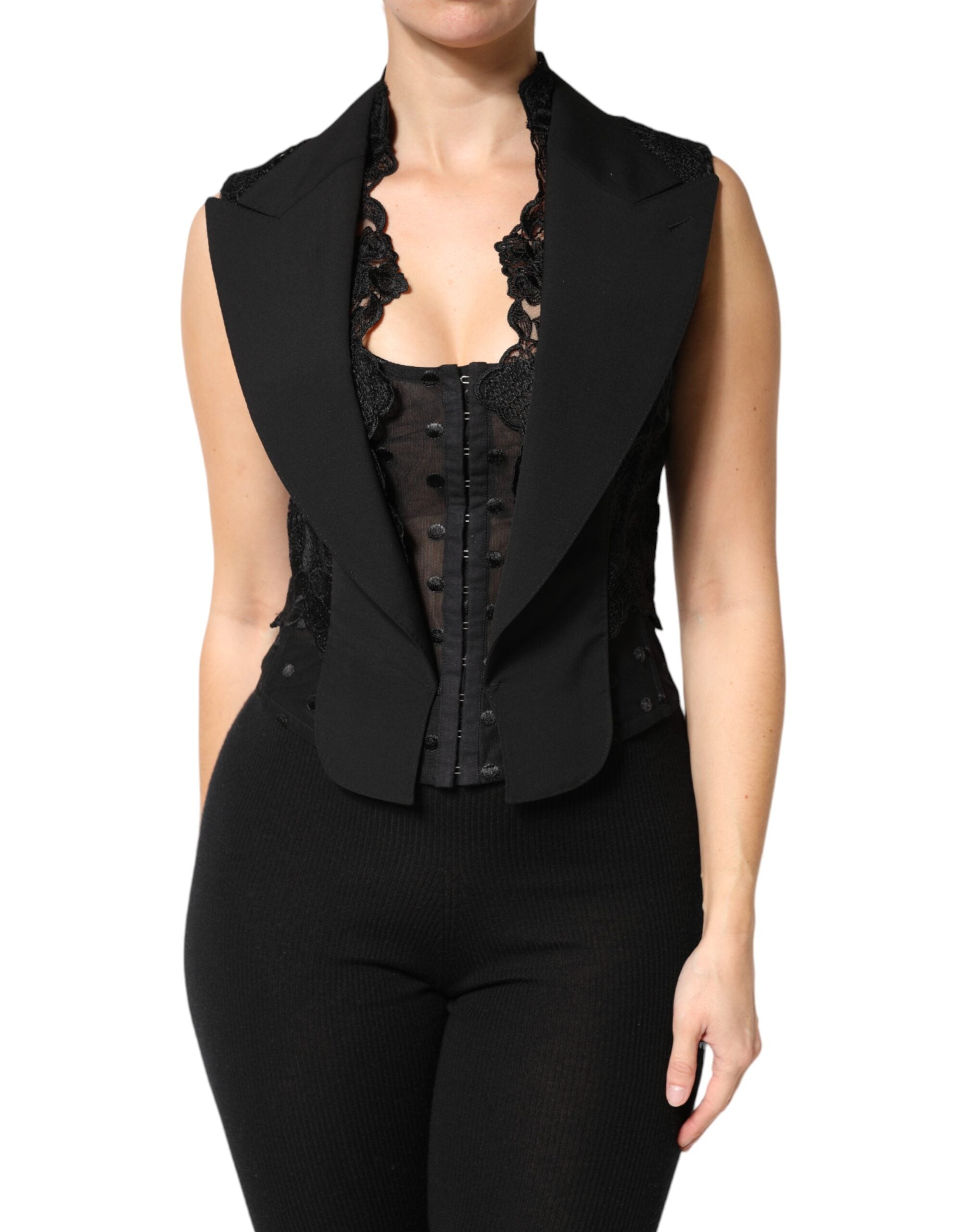 Dolce & Gabbana Black Lace V-neck Slit Hem Gathered Waist Vest Jacket